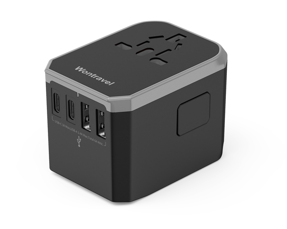 Adaptateur de voyage universel avec 2 ports USB + 3 ports Type-C pour ordinateur portable et écouteurs - Compatible avec plusieurs prises