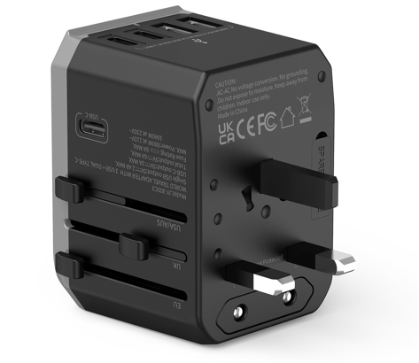 Adaptateur de voyage universel avec 2 ports USB + 3 ports Type-C pour ordinateur portable et écouteurs - Compatible avec plusieurs prises