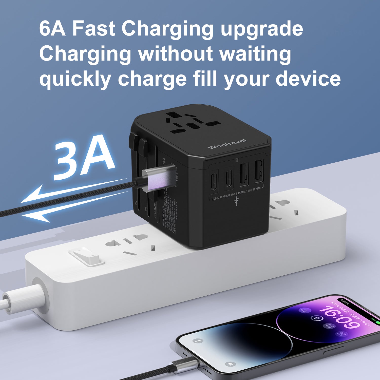 Adaptateur de voyage universel avec 2 ports USB + 3 ports Type-C pour ordinateur portable et écouteurs - Compatible avec plusieurs prises