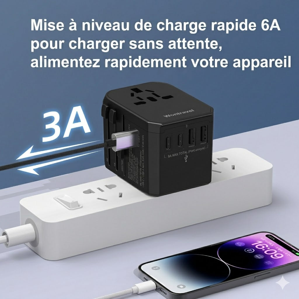 Adaptateur de voyage universel avec 2 ports USB + 3 ports Type-C pour ordinateur portable et écouteurs - Compatible avec plusieurs prises
